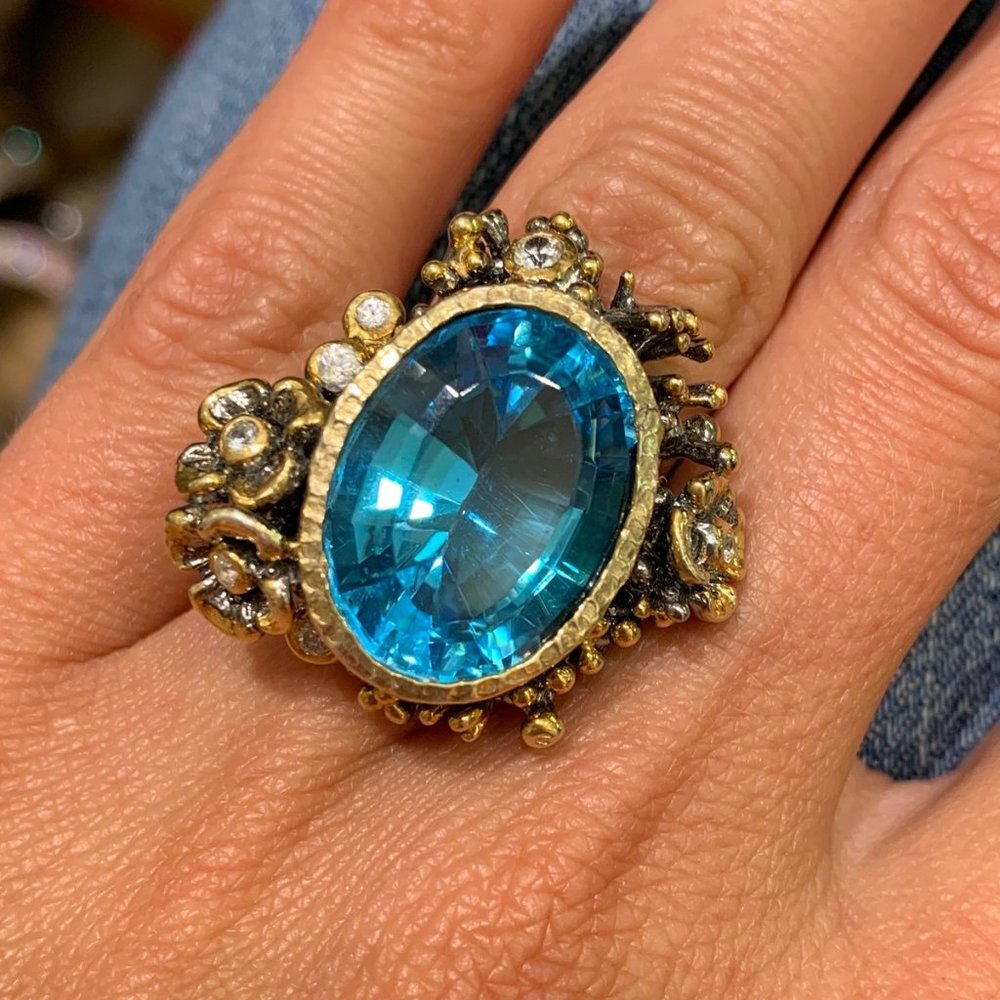 Blue Topaz & Diamond Designer Ring